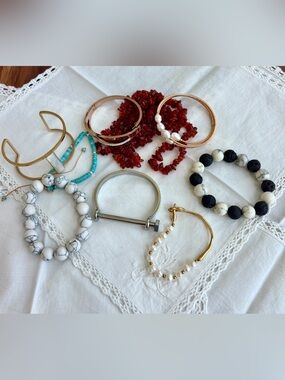 Mixed Jewelry Lot 2, 8 Bracelets & 35” Red Beaded Necklace.